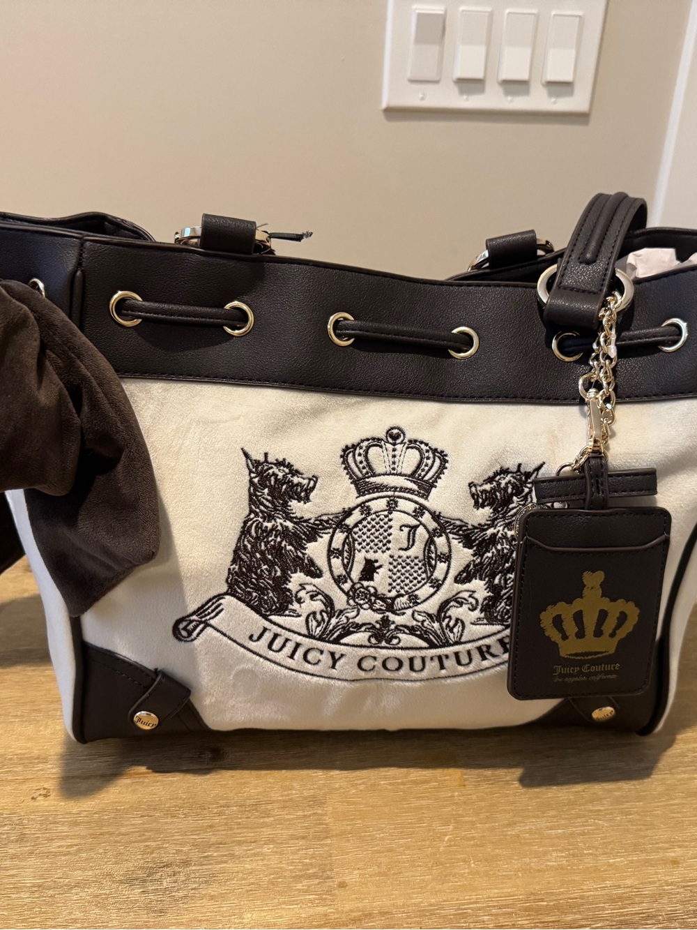 Juicy Couture Black and Cream Crest Logo Tote with Gold Accents